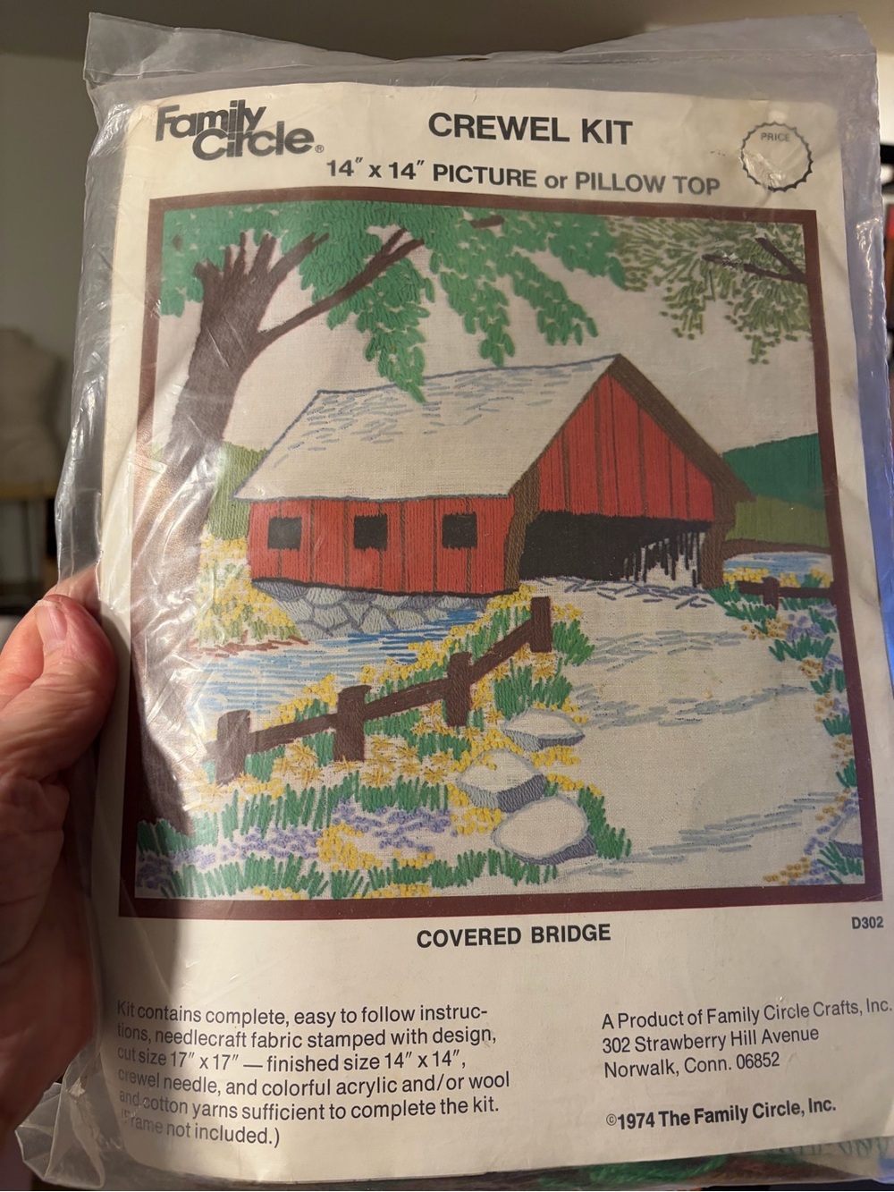 Family Circle Crewel Kit - Covered Bridge - Red, Green, Blue